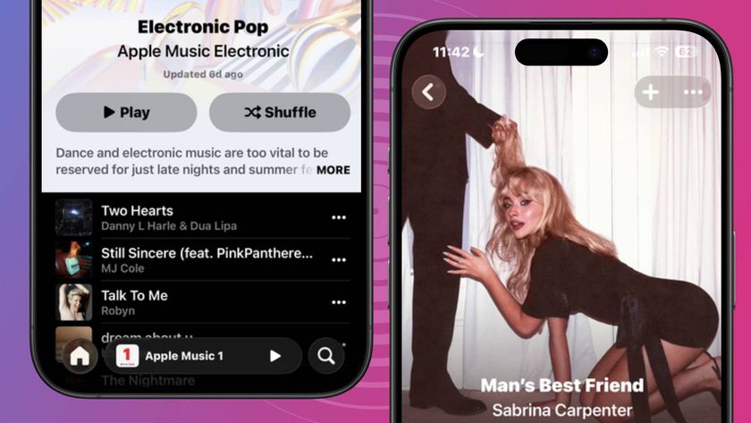 Two iPhones showing Apple Music's electronic pop playlist and Sabrina Carpenter's album Man's Best Friend 