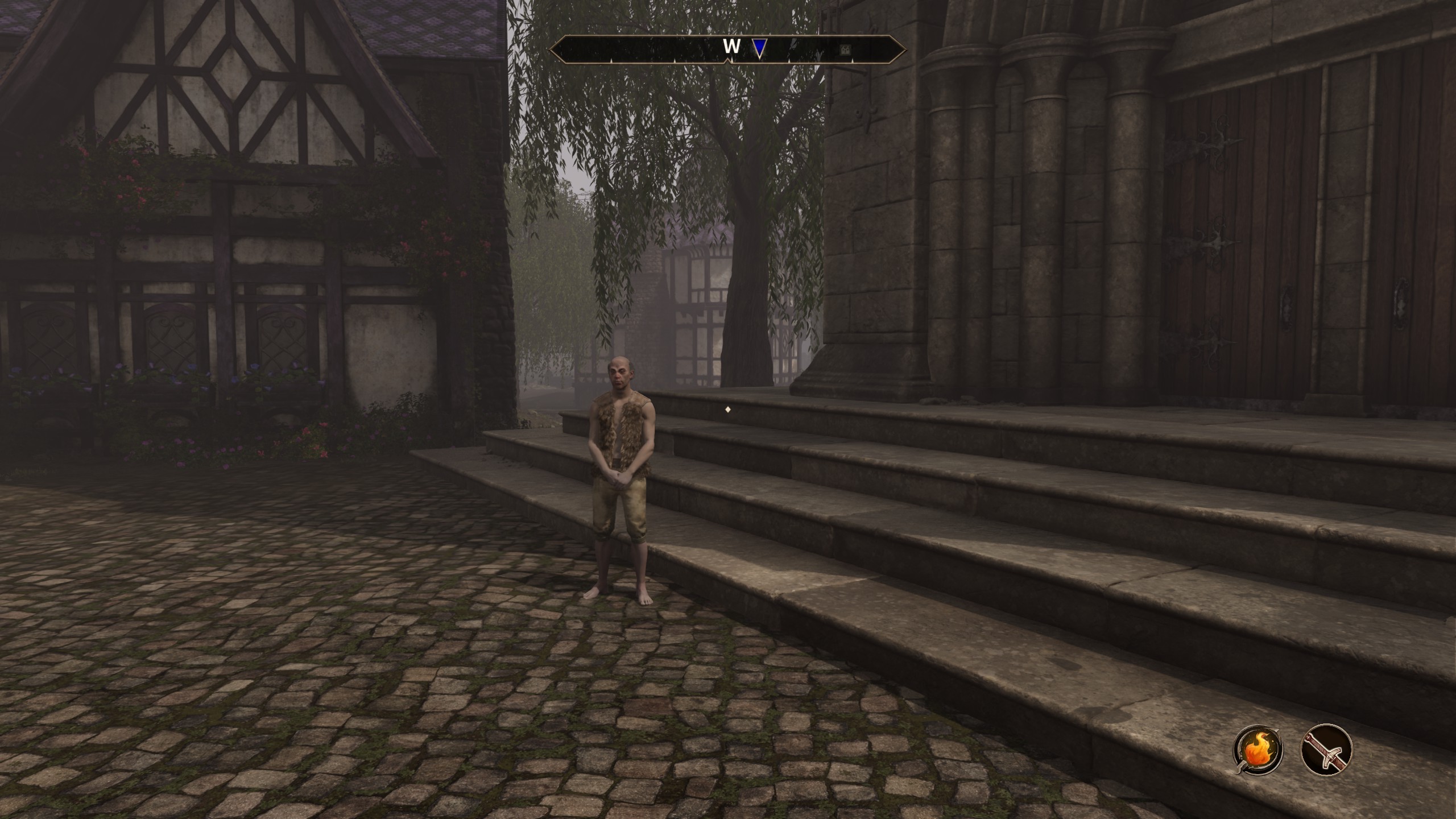 A beggar in The Elder Scrolls 4: Oblivion Remastered, standing in front of the steps to a church in Cheydinhal
