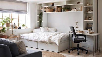 Small white apartment corner with bed and built in storage and desk