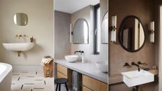Three images of bathrooms with plastered walls