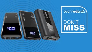 Three power banks lined up on a blue background