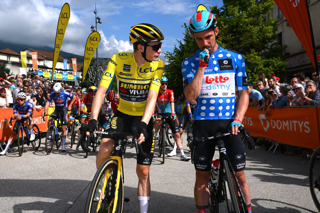 LE PONTDECLAIX FRANCE JUNE 11 LR Jonas Vingegaard of Denmark and Team JumboVisma Yellow Leader Jersey and Victor Campenaerts of Belgium and Team Lotto Dstny Polka Dot Mountain Jersey prior to the 75th Criterium du Dauphine 2023 Stage 8 a 1528km stage from Le PontdeClaix to La Bastille Grenoble Alpes Mtropole 498m UCIWT on June 11 2023 in Le PontdeClaix France Photo by Dario BelingheriGetty Images