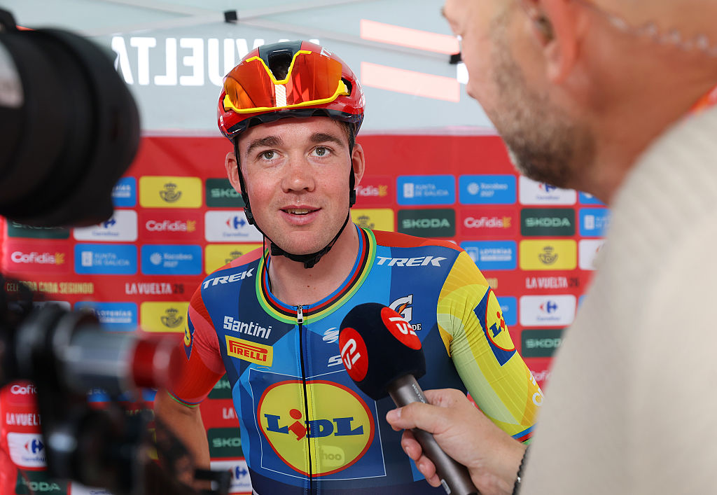 FALSET, SPAIN - AUGUST 26: Mads Pedersen of Denmark and Team Lidl - Trek meets the media press prior to during the La Vuelta - 81st Tour of Spain 2026, Stage 5 a 173.3km from Falset - Costa Daurada to Roquetes - Terres de l&amp;amp;apos;Ebre / #UCIWT / on August 26, 2026 in Falset, Spain. (Photo by Alexander Hassenstein/Getty images)