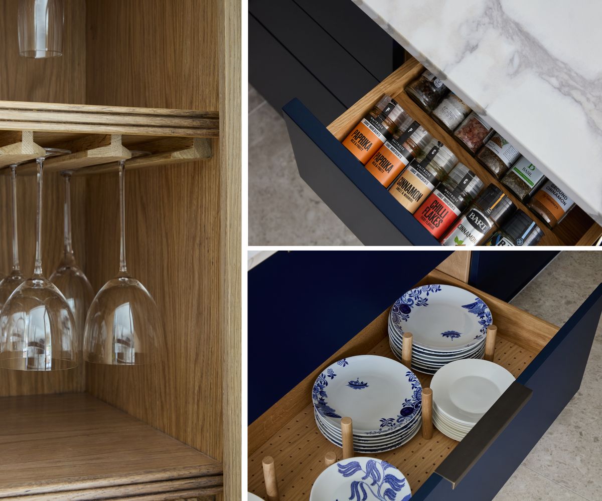 trio of kitchen storage shots including wine glasses in cupboard, drawer with plates and drawer with spece rack