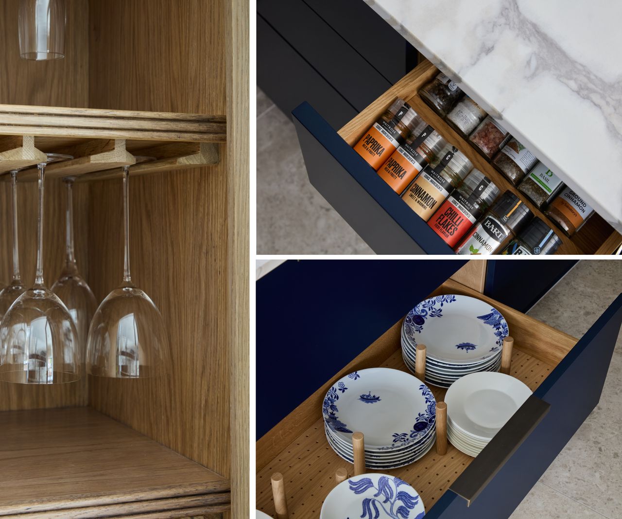 trio of kitchen storage shots including wine glasses in cupboard, drawer with plates and drawer with spece rack