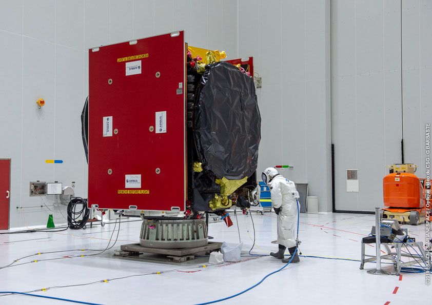 The EDRS-C satellite is loaded with propellant at the Guiana Spaceport's payload preparation facility.