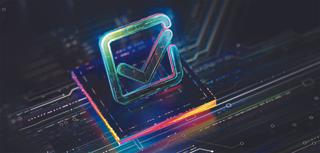 Digital check mark icon hologram on futuristic background. Productivity and rating evolution. Futuristic checkmark icon in world of technological progress and innovation. CGI 3D render