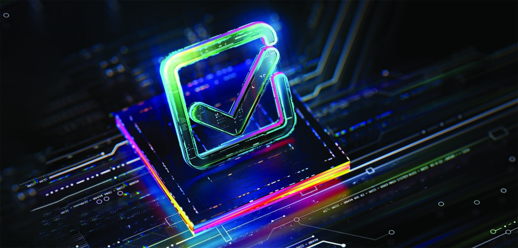 Digital check mark icon hologram on futuristic background. Productivity and rating evolution. Futuristic checkmark icon in world of technological progress and innovation. CGI 3D render