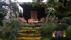 raised garden seating area with backlit stairs and beautiful tall foliage all around
