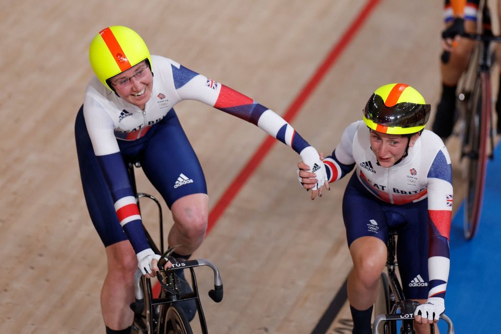 Britains Katie Archibald L and Britains Laura Kenny celebrates after winning in the women&#039;s track cycling madison final during the Tokyo 2020 Olympic Games at Izu Velodrome in Izu Japan on August 6 2021