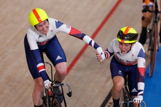 Britains Katie Archibald L and Britains Laura Kenny celebrates after winning in the women's track cycling madison final during the Tokyo 2020 Olympic Games at Izu Velodrome in Izu Japan on August 6 2021