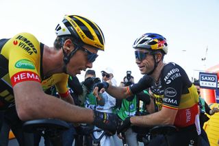 Christophe Laporte (left) with Jumbo-Visma teammate and race winner Wout van Aert after the go one-two in E3 Saxo Bank Classic