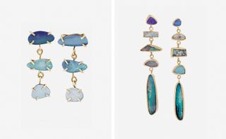 left image showing gradient drop earrings with three similar sized blue green opals on each earring; right image showing gradient drop earrings with four smaller blue green opals with a longer opal at the bottom of each earring