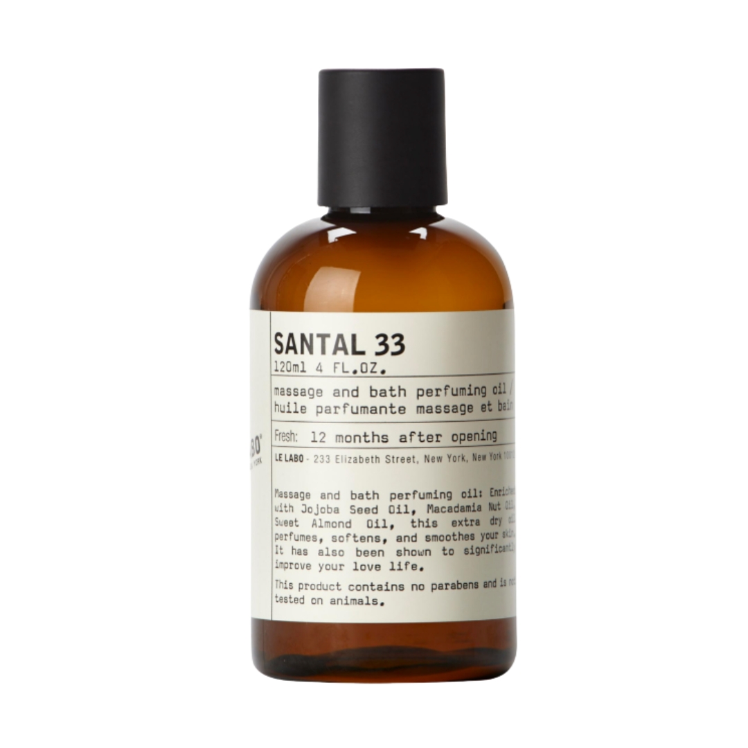 A product shot of the Le Labo Santal 33 Bath and Body Oil, on a white background