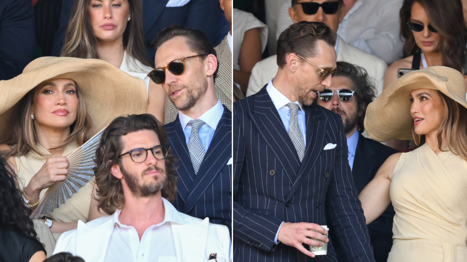 Jennifer Lopez attends Wimbledon on July 12, 2026 wearing a massive raffia hat and a dress from Ralph Lauren, joining Tom Hiddleston who wears a navy pinstripe suit