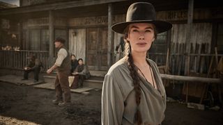 Lena Headey in a period-appropriate outfit in a still from Netflix's Western drama, "The Abandons"
