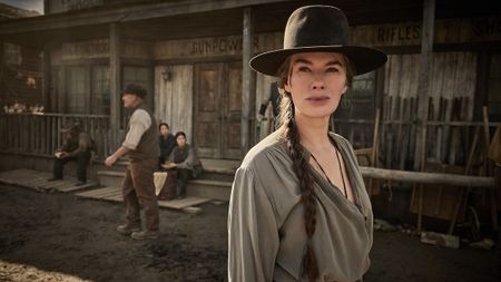 Lena Headey in a period-appropriate outfit in a still from Netflix's Western drama, "The Abandons"