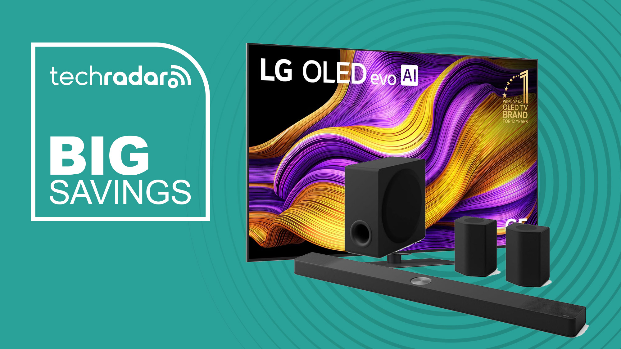 LG G5 and LG S95TR soundbar on a teal background with "Big Savings" in white.