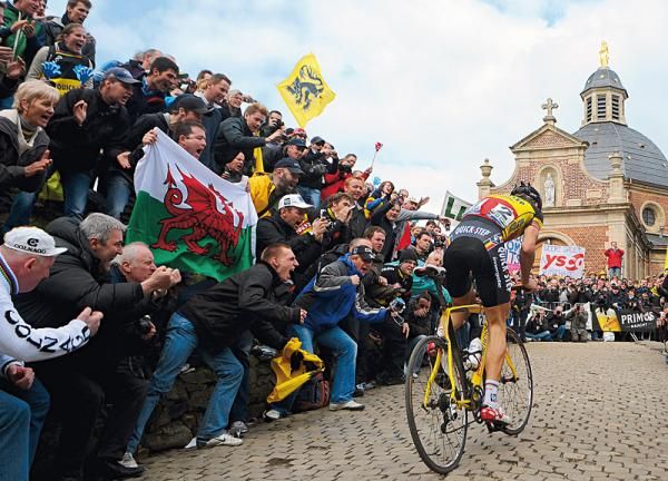 Tom Boonen crests the Kapelmuur at the Tour of Flanders.