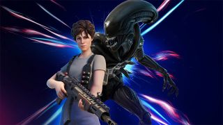 A Fortnite skin of the Xenomorph from Alien standing behind Ellen Ripley