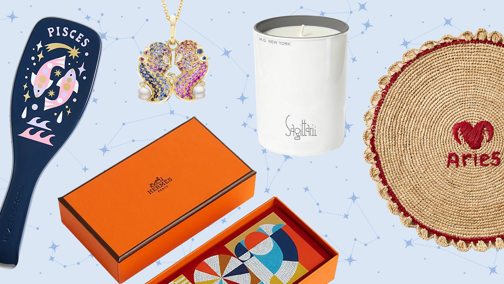 Collage of Zodiac themed gifts.