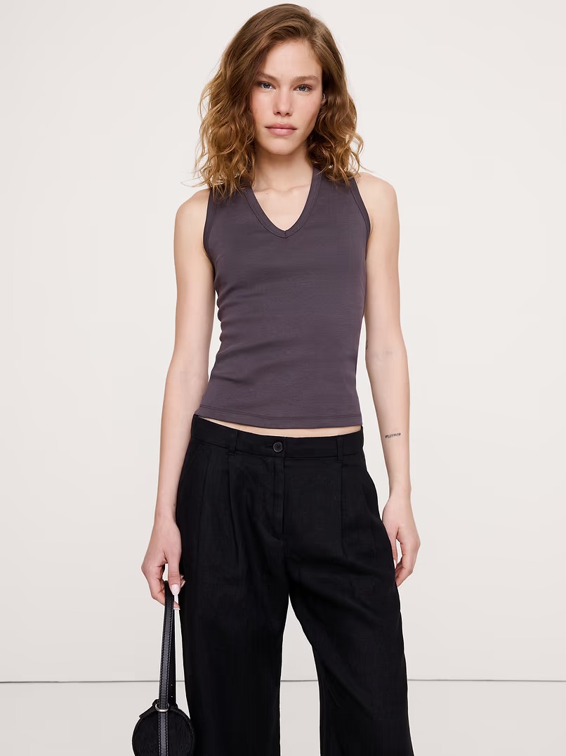 Banana Republic, Minimalist Cotton V-Neck Tank in Warm Charcoal Gray