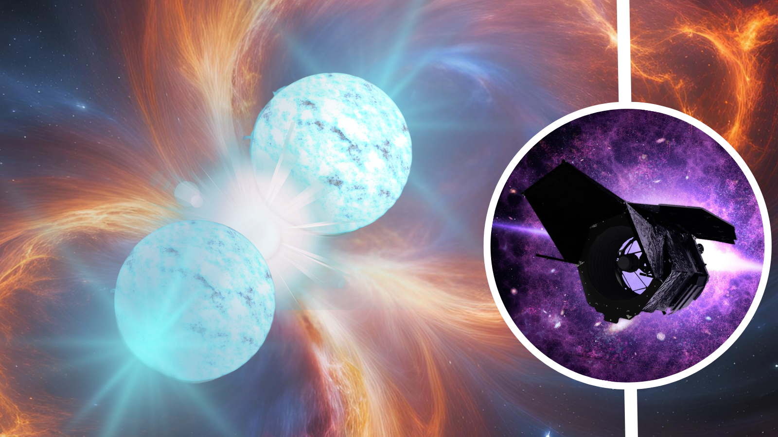 (Main) An illustration shows two neutron stars colliding and merging, creating a kilonova explosion. (Inset) The Nancy Grace Roman space telescope will hunt these and many more types of cosmic explosions