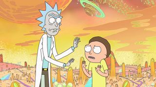 A still from the TV show Rick and Morty in which Rick and Morty are arguing on an alien planet.