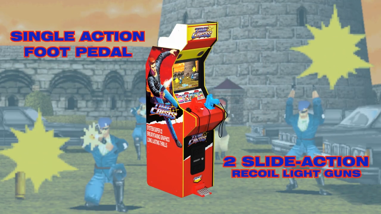 Arcade1up Time Crisis cabinet with gameplay in backdrop.