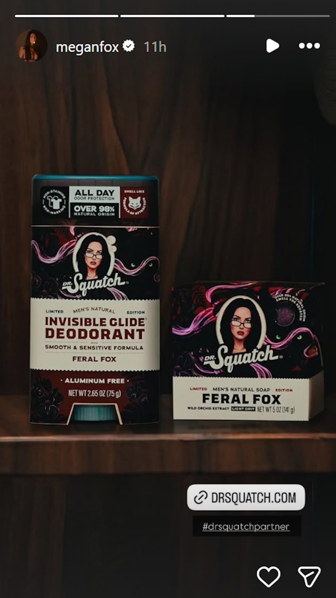Megan Fox's Feral Fox deodorant and soap are shown on her Instagram Stories.