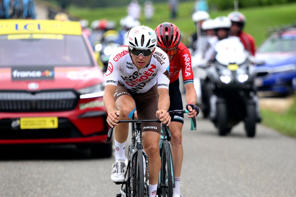 NOGARO FRANCE JULY 04 LR Benot Cosnefroy of France and Ag2R Citron Team and Anthony Delaplace of France and Team ArkaSamsic compete in the breakaway during the stage four of the 110th Tour de France 2023 a 1818km stage from Dax to Nogaro UCIWT on July 04 2023 in Nogaro France Photo by David RamosGetty Images