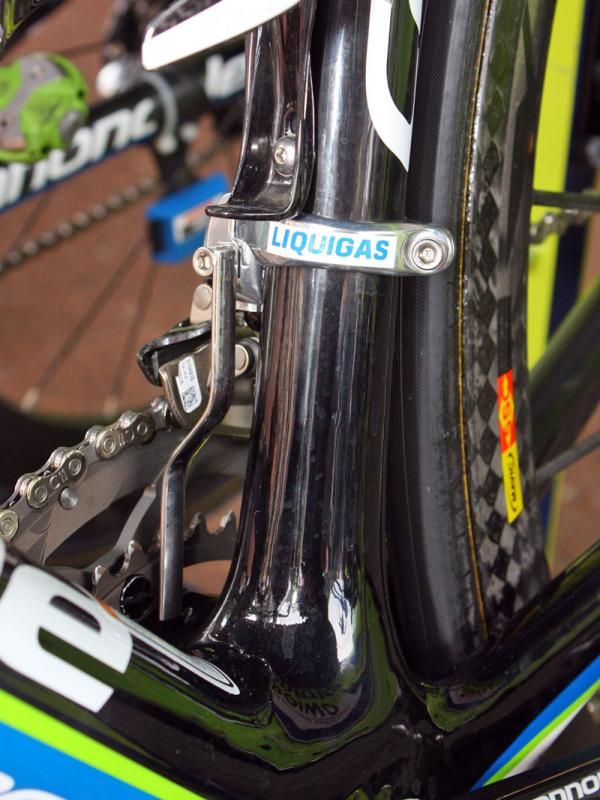 The Liquigas team uses custom-made chain watchers. And underneath that conspicuously placed 'Liquigas' decal is a Shimano logo.
