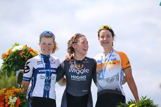 Lotta Lepisto, Chloe Hosking and Marianne Vos on the La Course podium