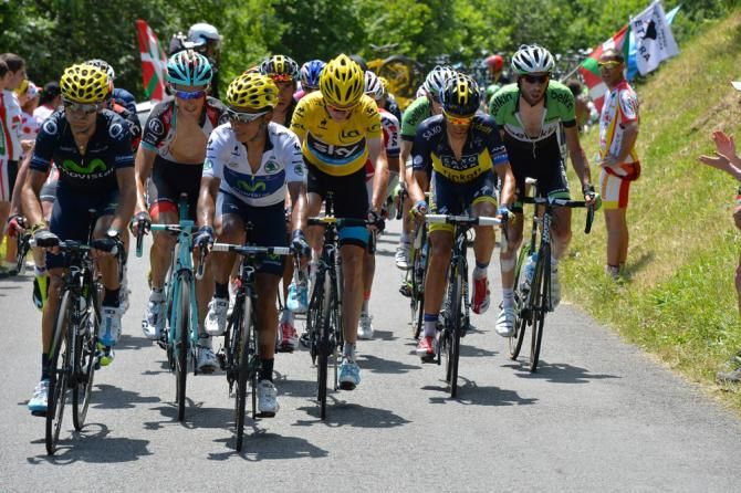 Movistar's Alejandro Valverde and Nairo Quintana at the head of the yellow jersey group