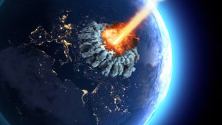 An illustration of an asteroid or meteor striking Earth.