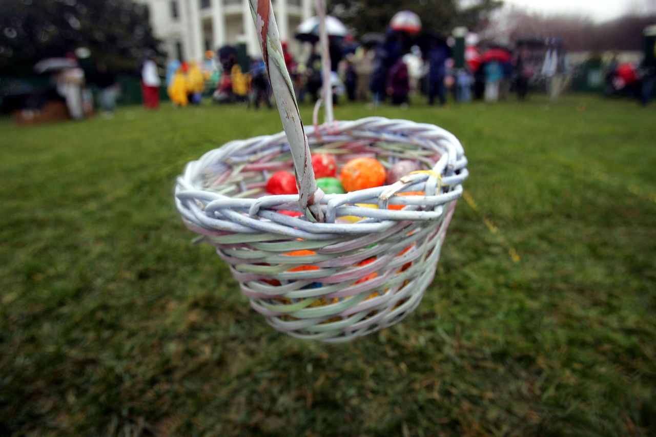 Colored eggs in a basket