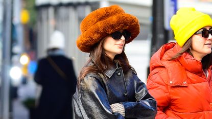 Emily Ratajkowski fuzzy hat