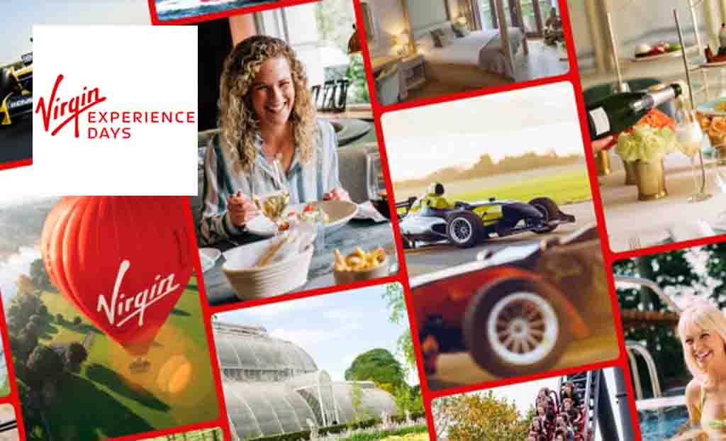 Virgin Experience Days logo placed over a collage of snapshots of days out
