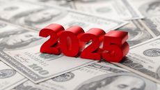 2025 in big red letters on top of scattered hundred-dollar bills.