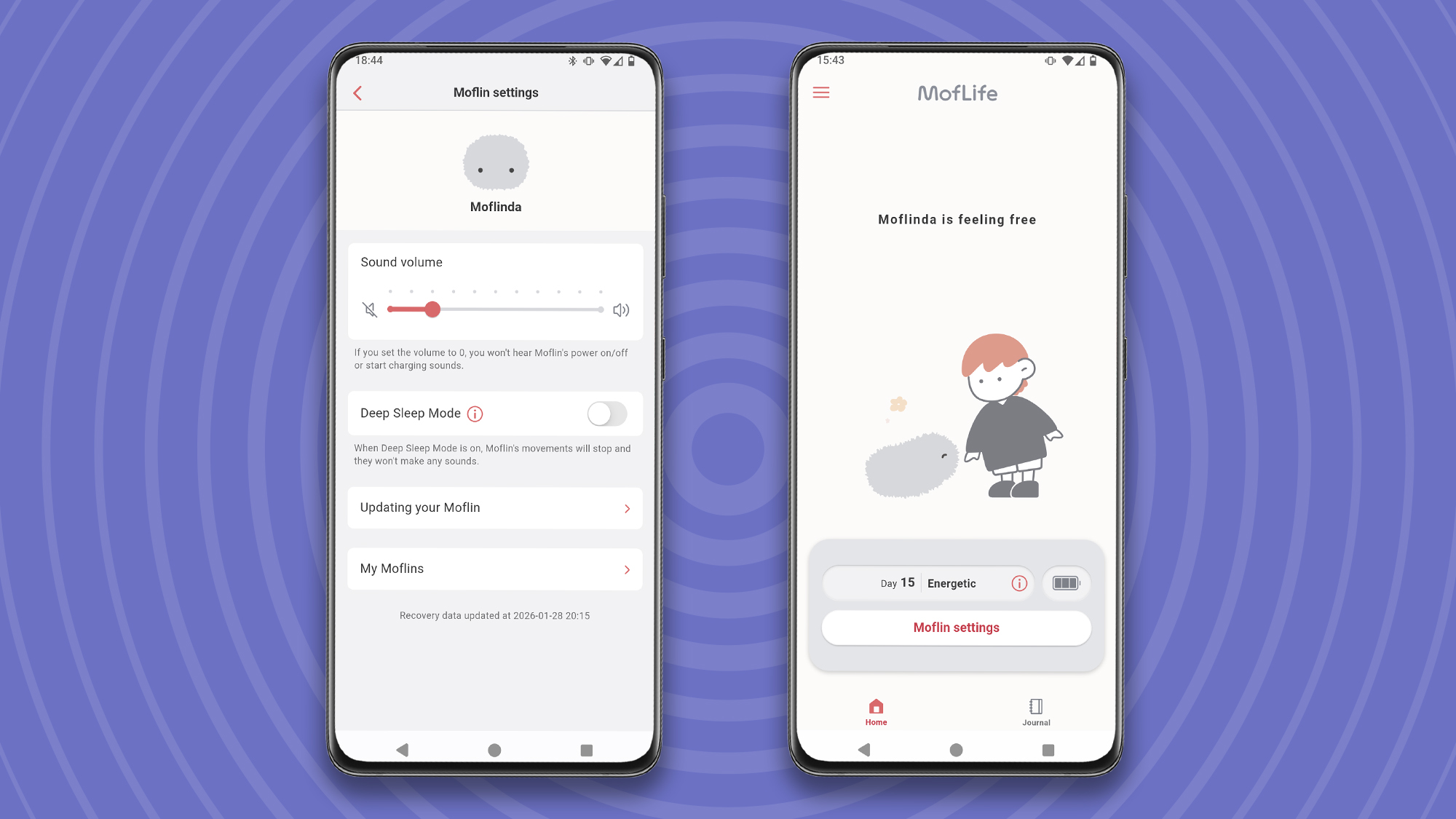 Screengrabs from MofLife app showing settings and current status