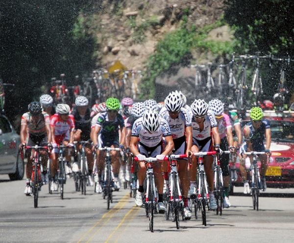 GW Shimano riders at the head of the peloton.
