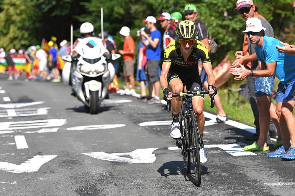 Adam Yates (Mitchelton-Scott) attacks from the breakaway and leads the Tour de France stage 16 before crashing on the descent into Bagn&egrave;res-de-Luchon