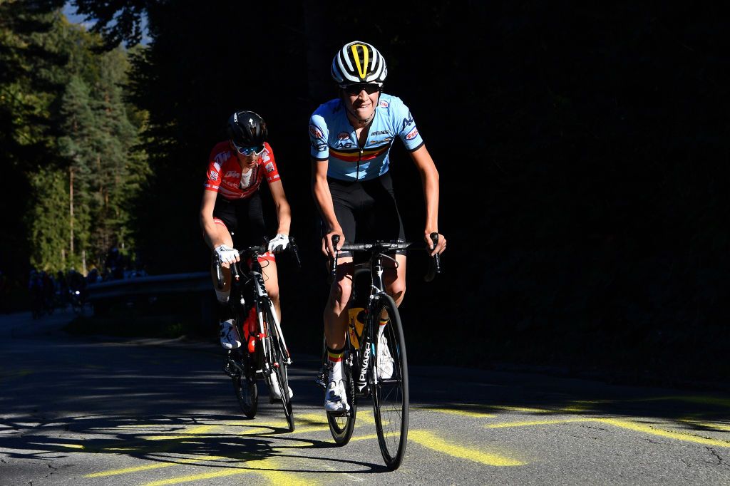 Remco Evenepoel (Belgium) had to chase back from a crash to win the junior road race title