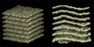 A computer-generated image shows stacked layers of nuclear pasta.