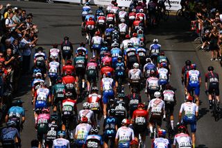 The peloton racing at the WorldTour Grand Prix Cycliste de Quebec