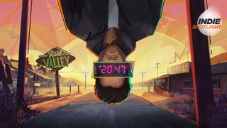 Key art for Rue Valley showing Eugene Harrow hanging upside down with a digital clock display showing 20:47 over his eyes, in front of the Rue Valley Motel above a highway