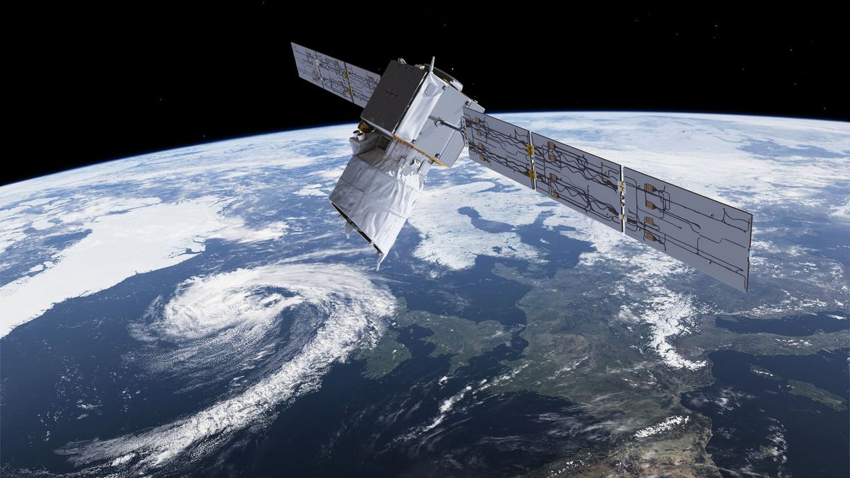 An illustration shows the Aeolus wind satellite over Earth.