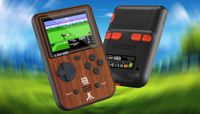 Super Pocket Atari and Technos retro game handhelds announced; a game handheld with a wooden design