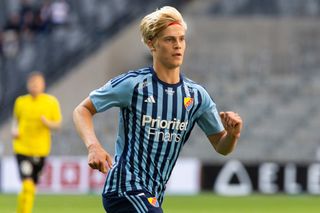 Manchester United target Djurgarden's Lucas Bergvall during an Allsvenskan match between Djurgardens IF and Mjallby AIF at Tele2 Arena on May 21, 2023 in Stockholm, Sweden. (Photo by Michael Campanella/Getty Images)