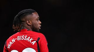 Aaron Wan-Bissaka of Manchester United during the Premier League match between Manchester United and Tottenham Hotspur at Old Trafford on January 14, 2024 in Manchester, England